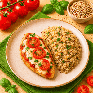 mozzarellás paradicsomos sült csirkemell quinoaval