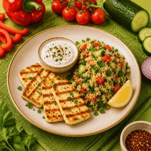grillsajt fűszeres joghurttal és kölestabuléval